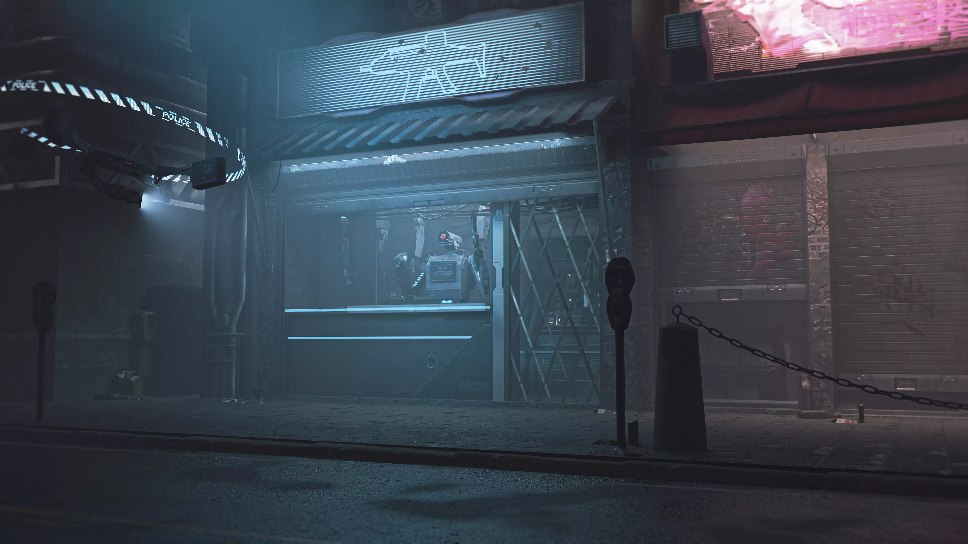 Scifi neon gun store - dangerous streets of cyberpunk city Low-poly 3D model_0