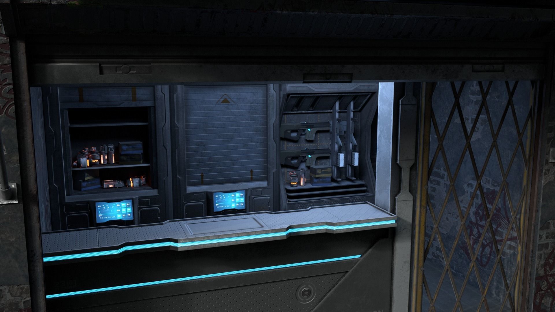 Scifi neon gun store - dangerous streets of cyberpunk city Low-poly 3D model_2
