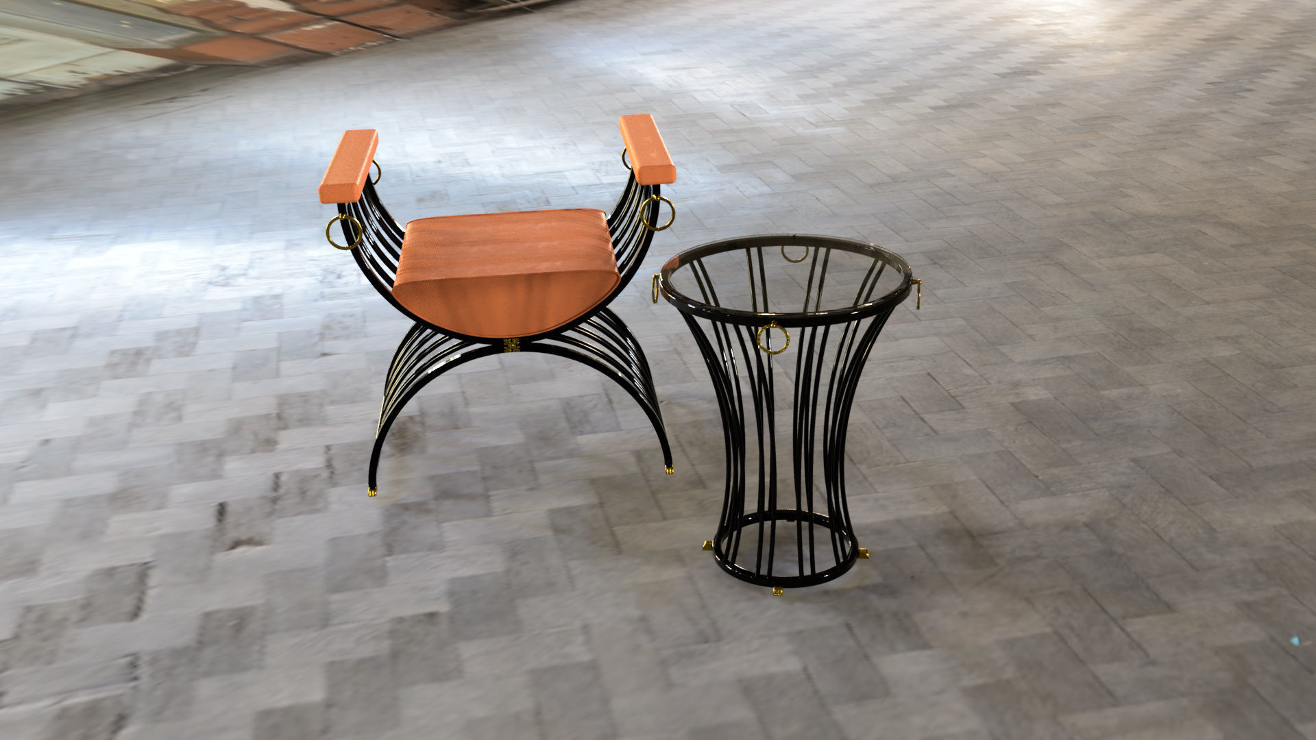 Round side table coffee table metal and glass 3D model_6