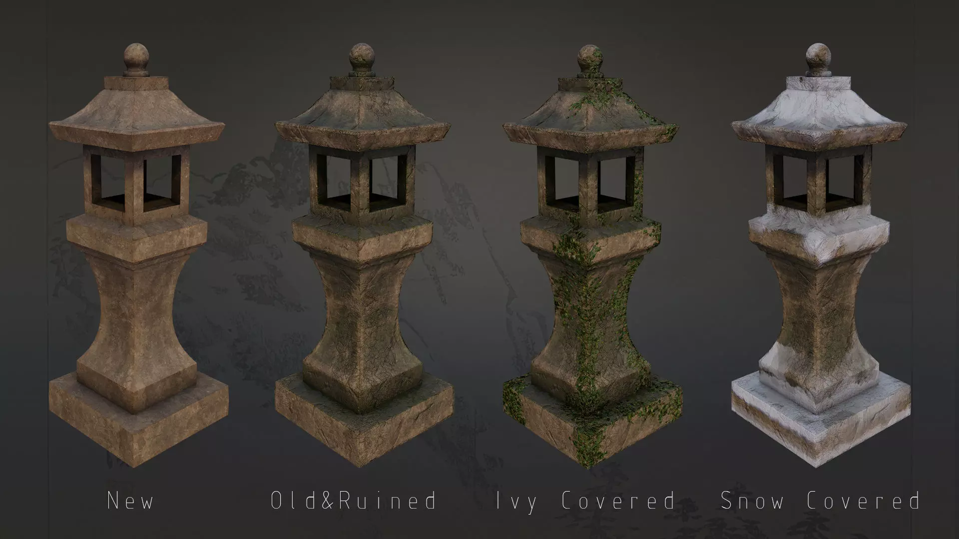 4 Japanese Shinto Stone Lanterns-Toro Lantern PBR-4 versions Low-poly 3D model_0