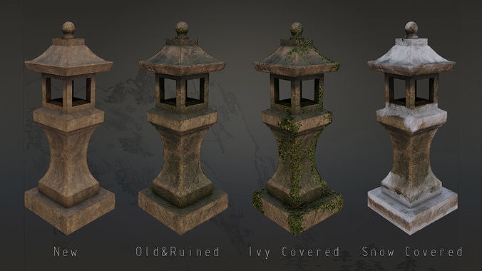 4 Japanese Shinto Stone Lanterns-Toro Lantern PBR-4 versions Low-poly 3D model