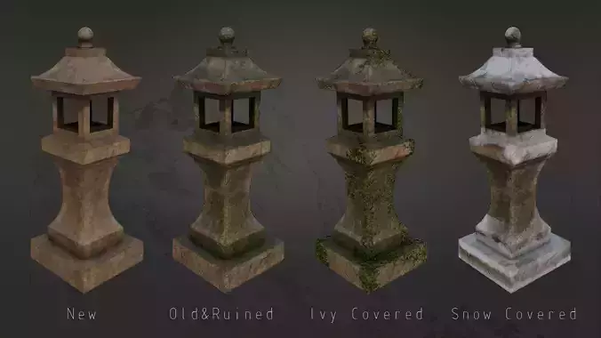 4 Japanese Shinto Stone Lanterns-Toro Lantern PBR-4 versions Low-poly 3D model