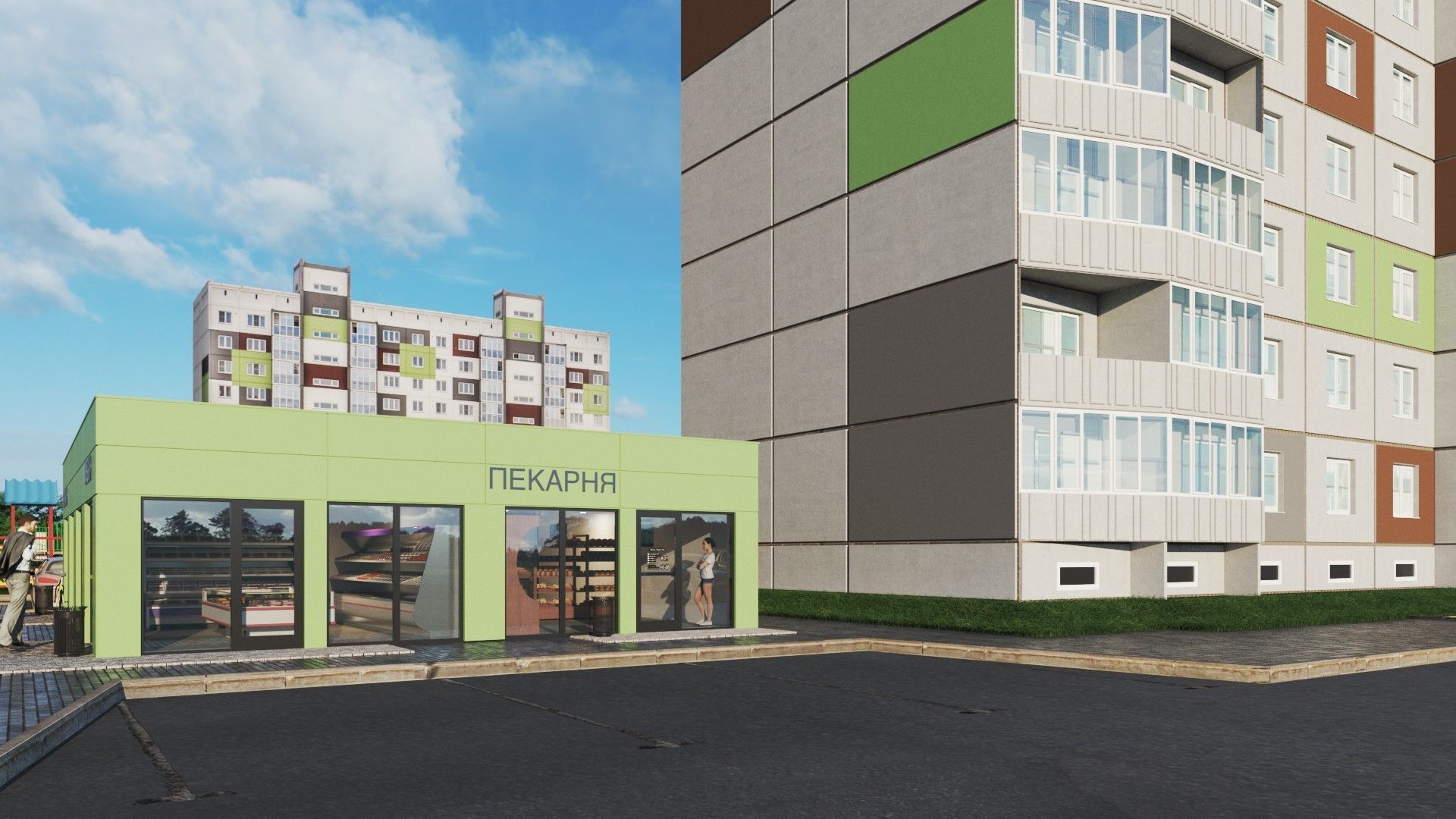 Street pavilion with three small grocery stories 3D model_1