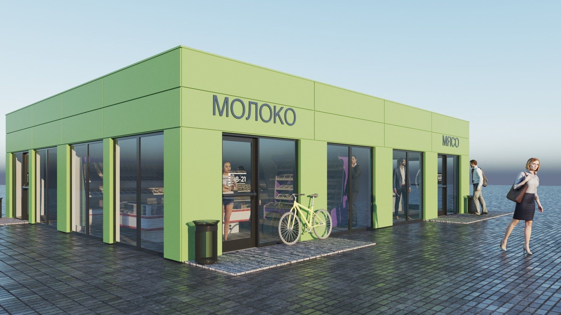 Street pavilion with three small grocery stories 3D model_6