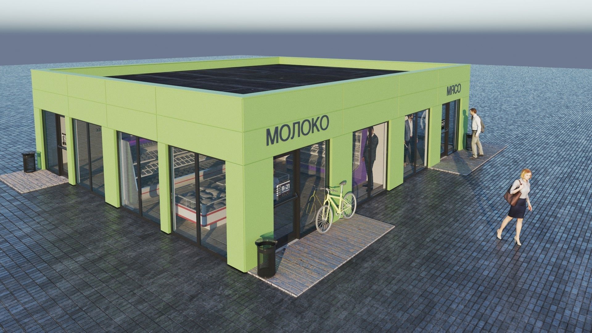 Street pavilion with three small grocery stories 3D model_7