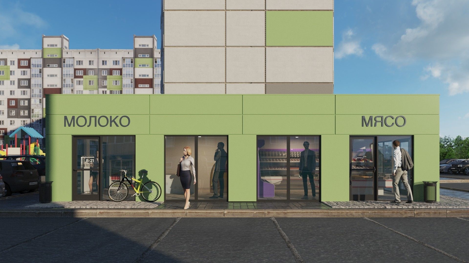 Street pavilion with three small grocery stories 3D model_3