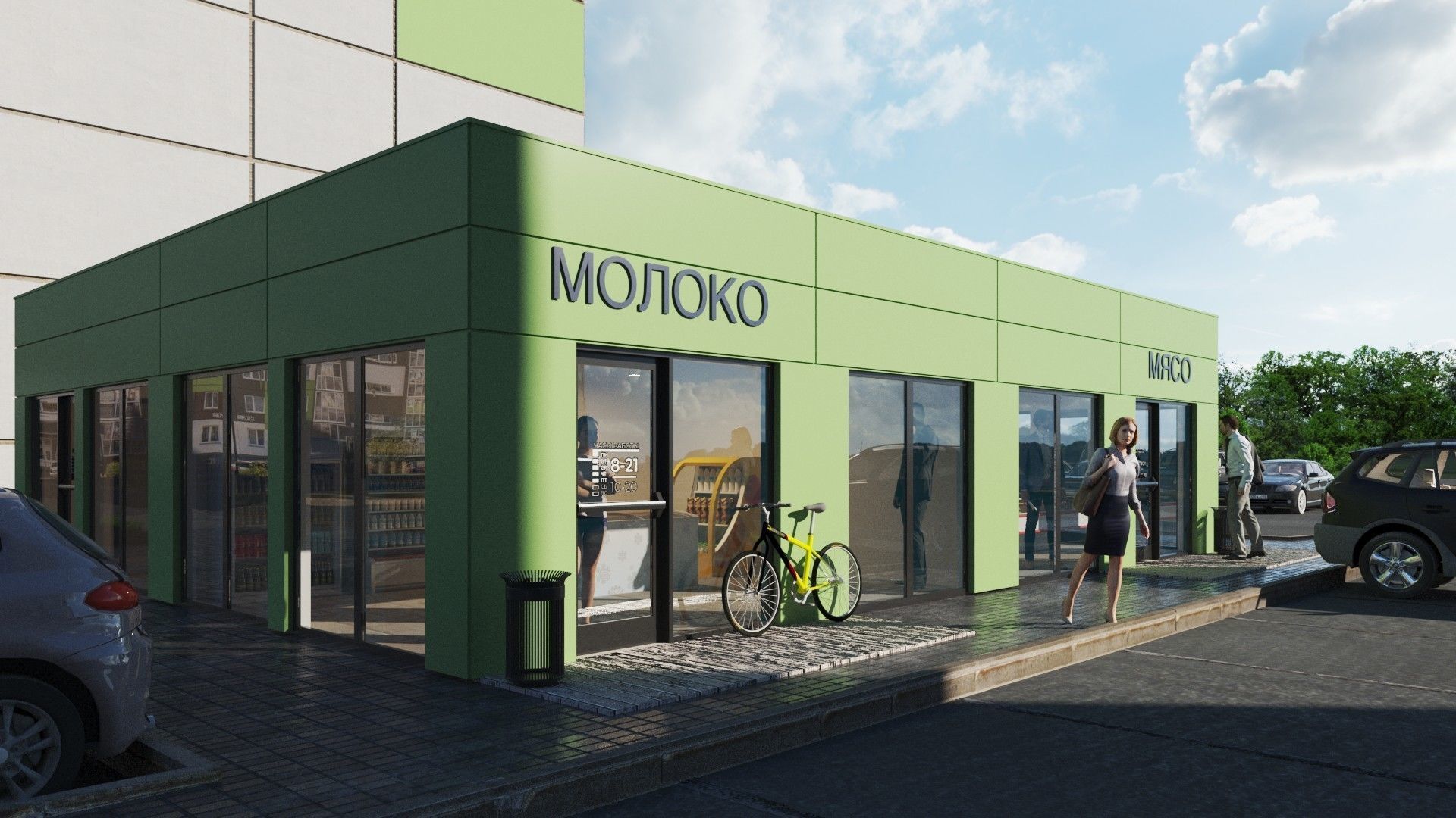 Street pavilion with three small grocery stories 3D model_2