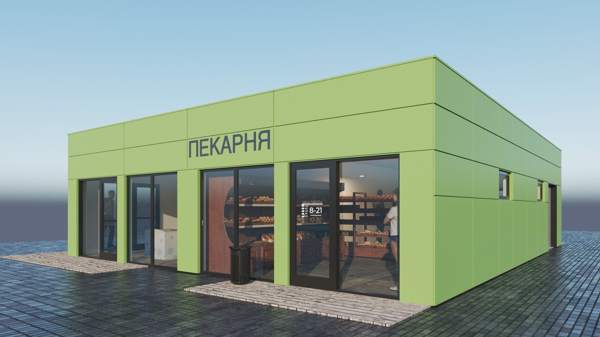 Street pavilion with three small grocery stories 3D model_5