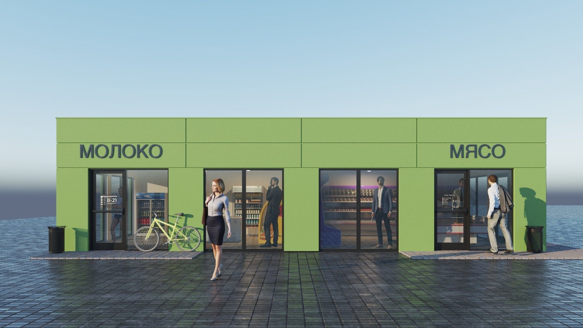 Street pavilion with three small grocery stories 3D model_4