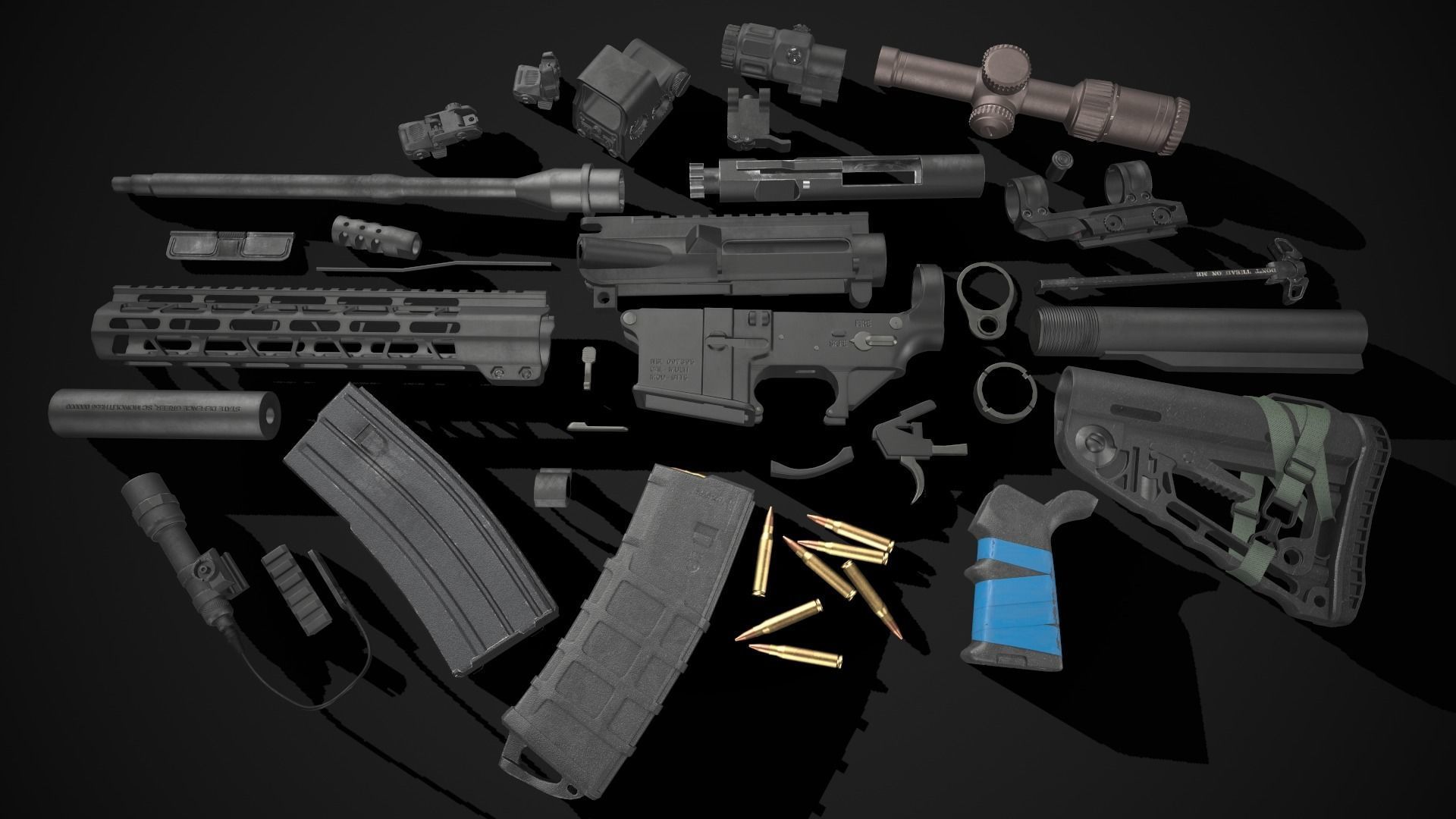 AR-15 Rifle with Upgrades Game Ready Low-poly 3D model_16