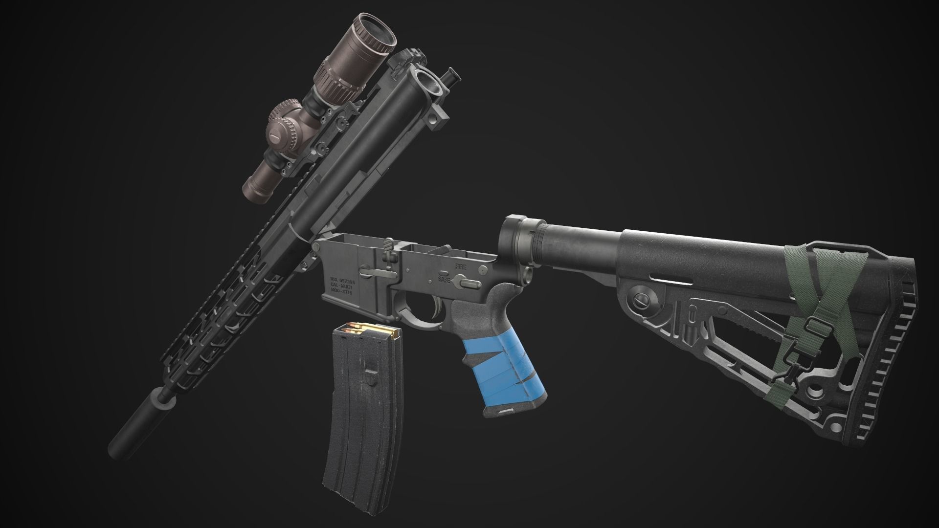 AR-15 Rifle with Upgrades Game Ready Low-poly 3D model_13