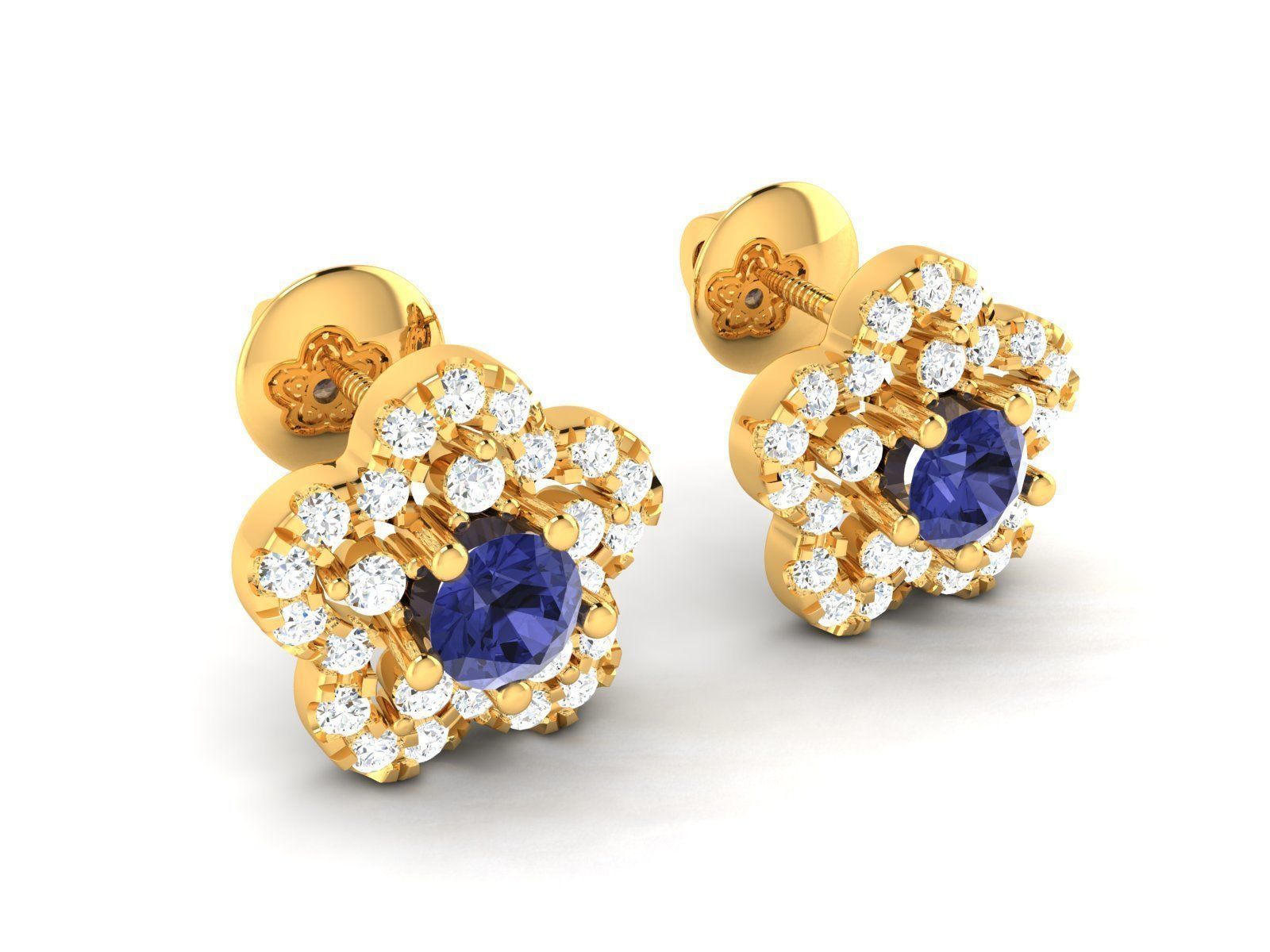Earrings-1185 sapphire and diamond stud earrings gold 3D print model_2