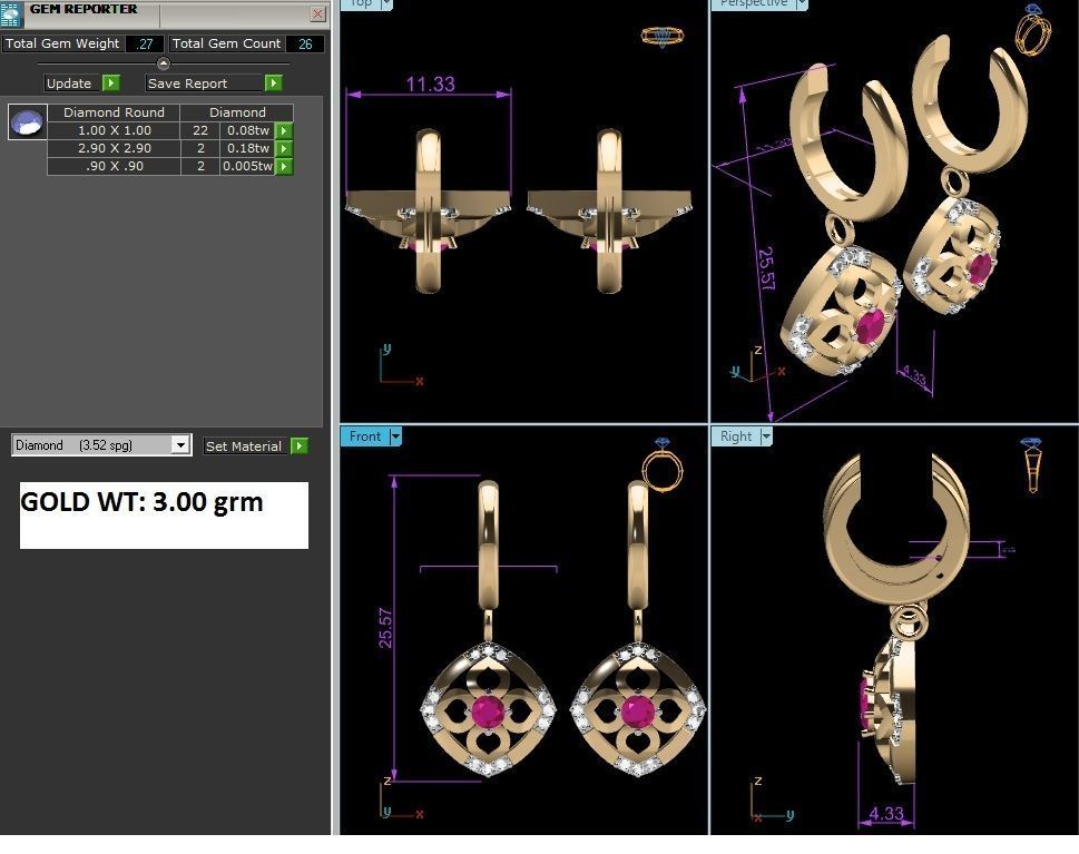 Earrings-1169 ruby and diamond earrings gold 3D print model_4