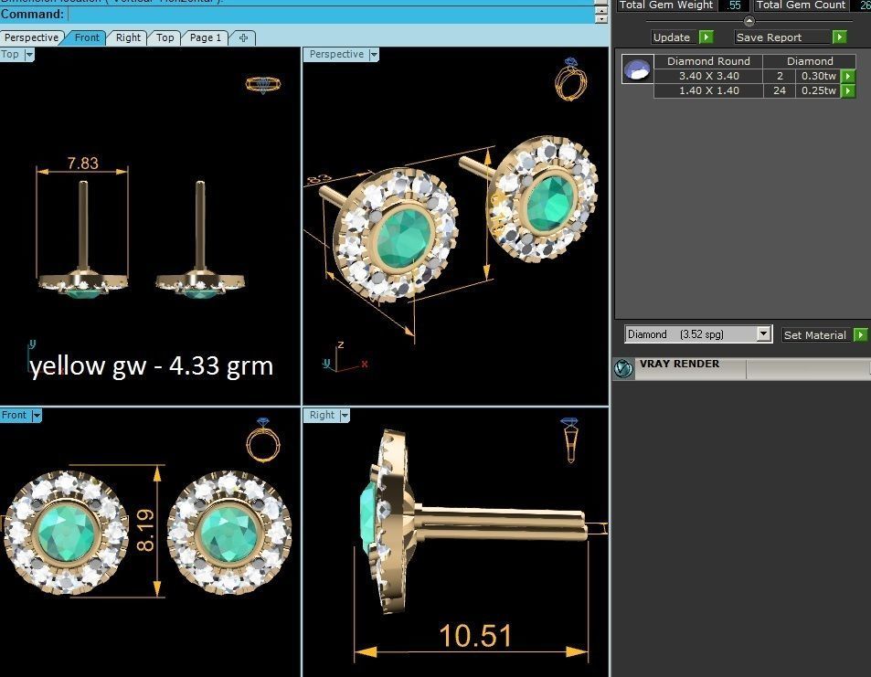 Earrings-809 emerald and diamond stud earring 3D print model_4
