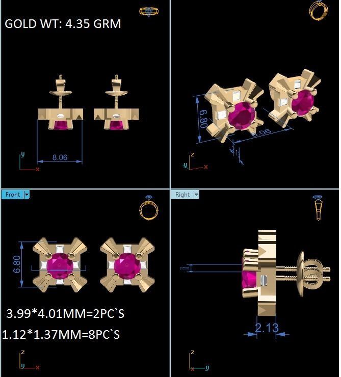 Earrings-1564 ruby stone stud earring gold 3D print model_6