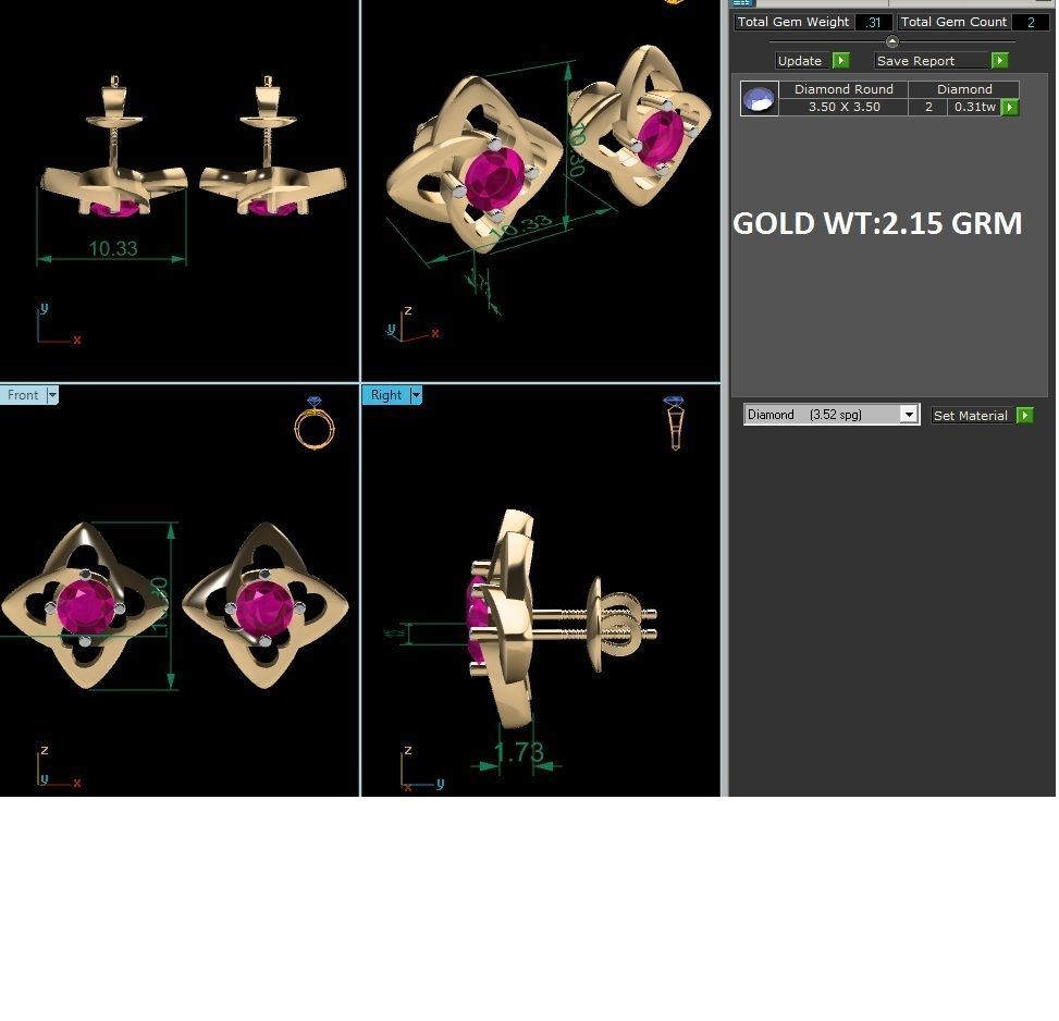 Earrings-1433 ruby stone stud earring gold 3D print model_5