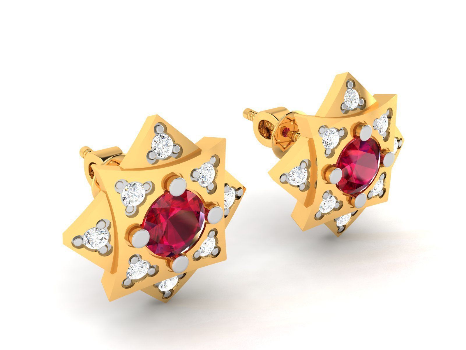 Earrings-1126 gold stud earring with ruby stones 3D print model_1