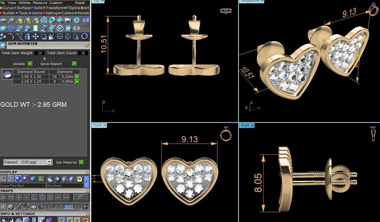 Earrings-1083 diamond heart stud earrings gold 3D print model_6