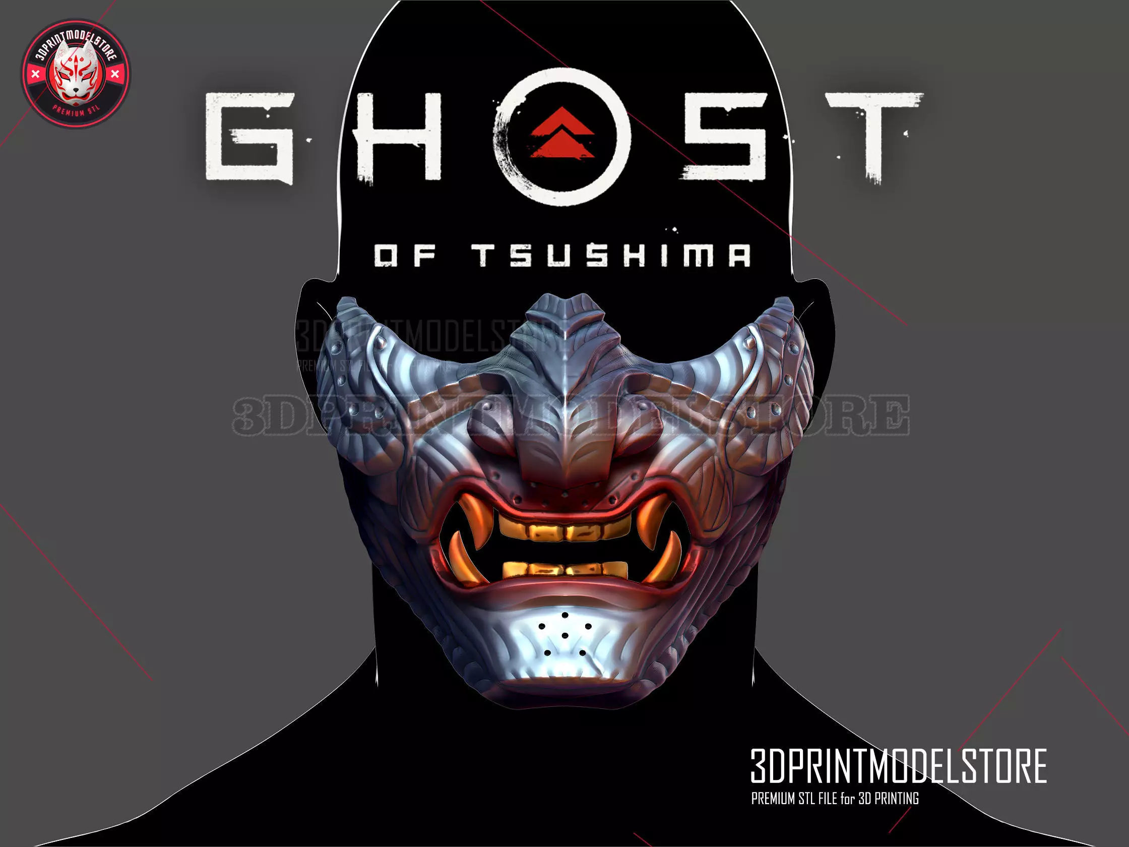 Japanese Oni Samurai Ghost Mask - Ghost of Tsushima Helmet 3D print model_0