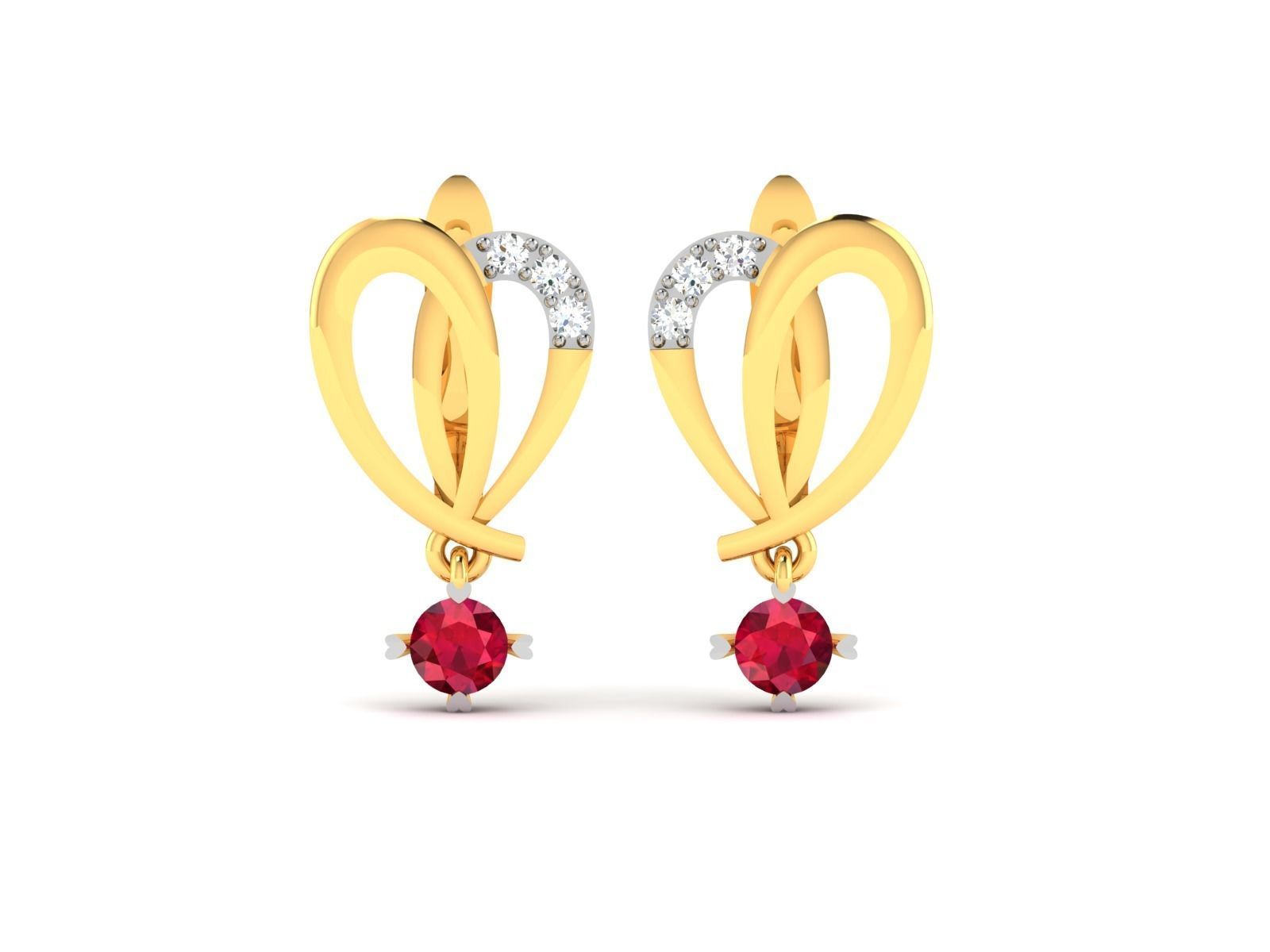 Earrings-1078 heart shaped ruby and diamond earrings gold 3D print model_3