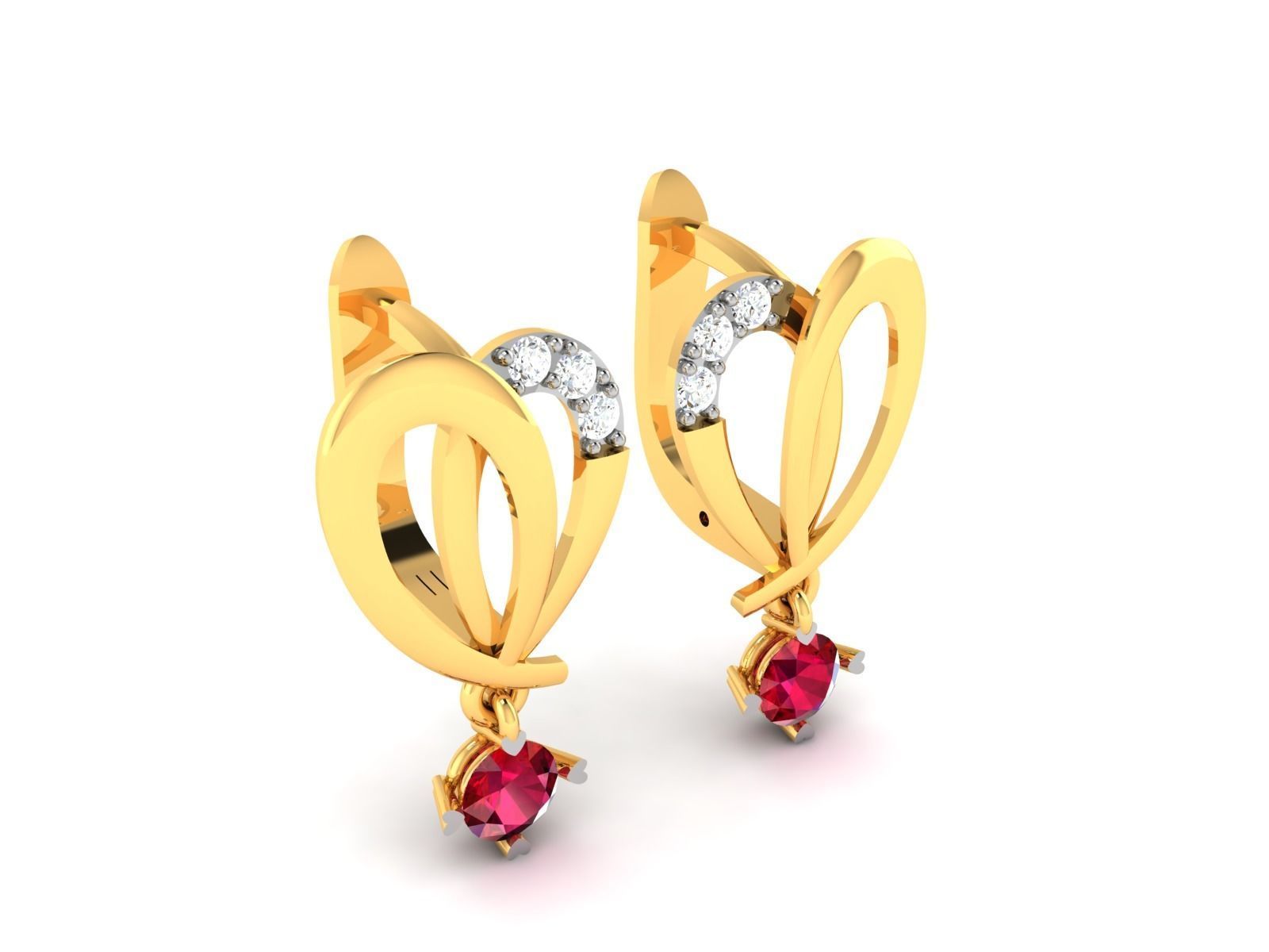Earrings-1078 heart shaped ruby and diamond earrings gold 3D print model_2