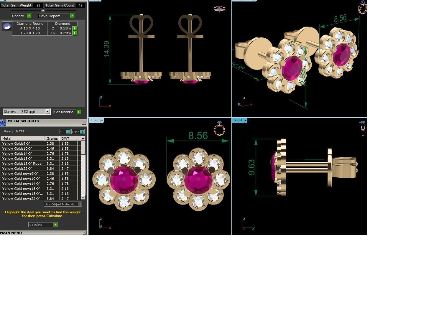 Earrings-1040 gold stud earring with ruby stone 3D print model_4