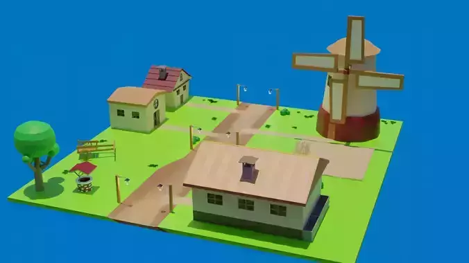 Low Poly Village 3D Model with windmill and houses