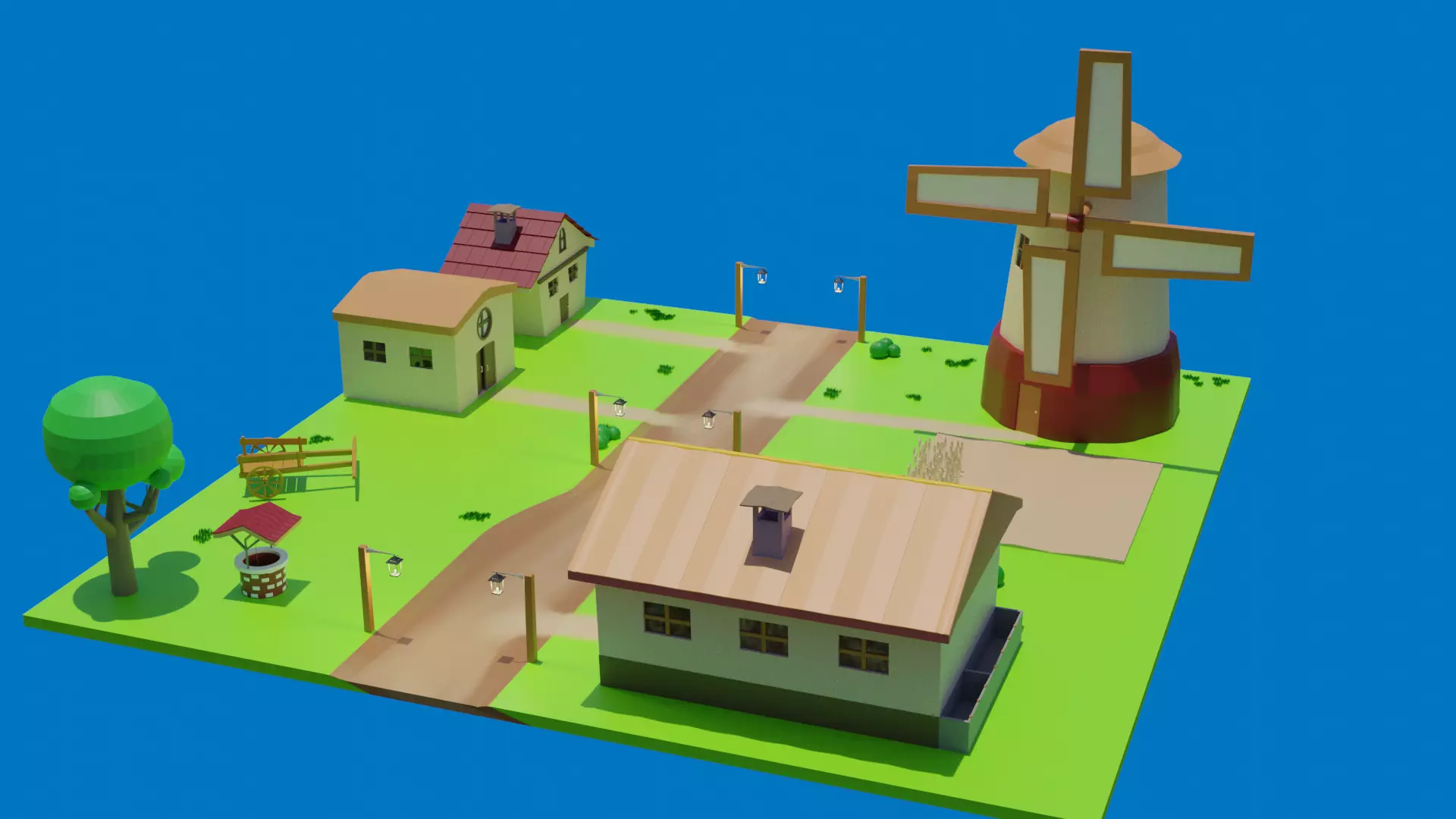 Low Poly Village 3D Model with windmill and houses Low-poly 3D model