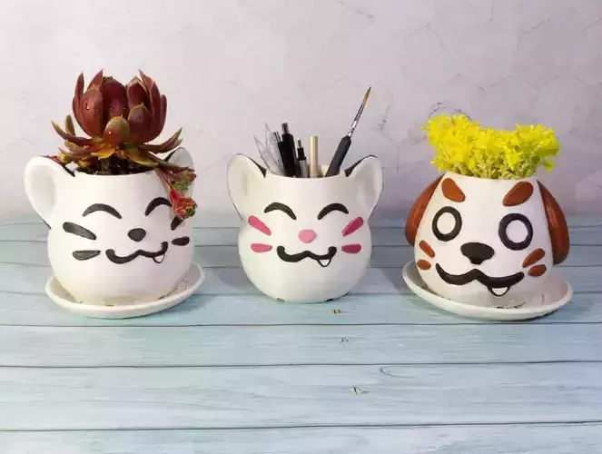 3D Printable Cat and Puppy Planters