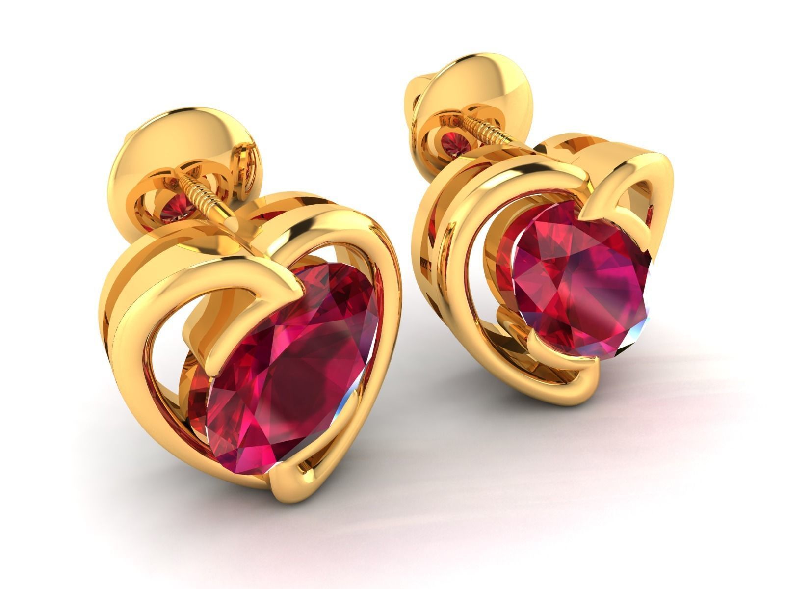 Earrings-2878 pair of gold plated earrings with ruby stones 3D print model_2
