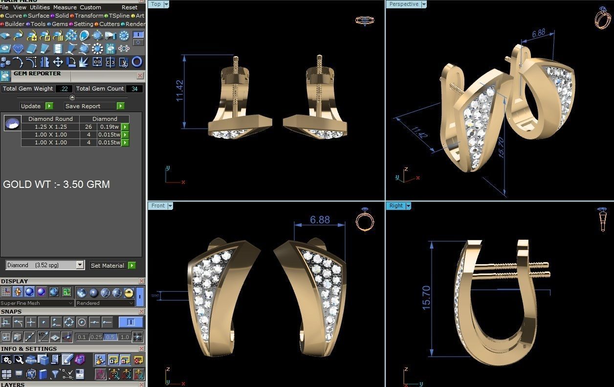 Earrings-2125 two diamond hoop earrings gold 3D print model_6