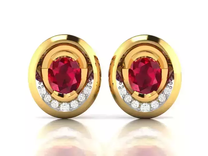 Earrings-4057 two gold stud earrings with rubies and diamonds