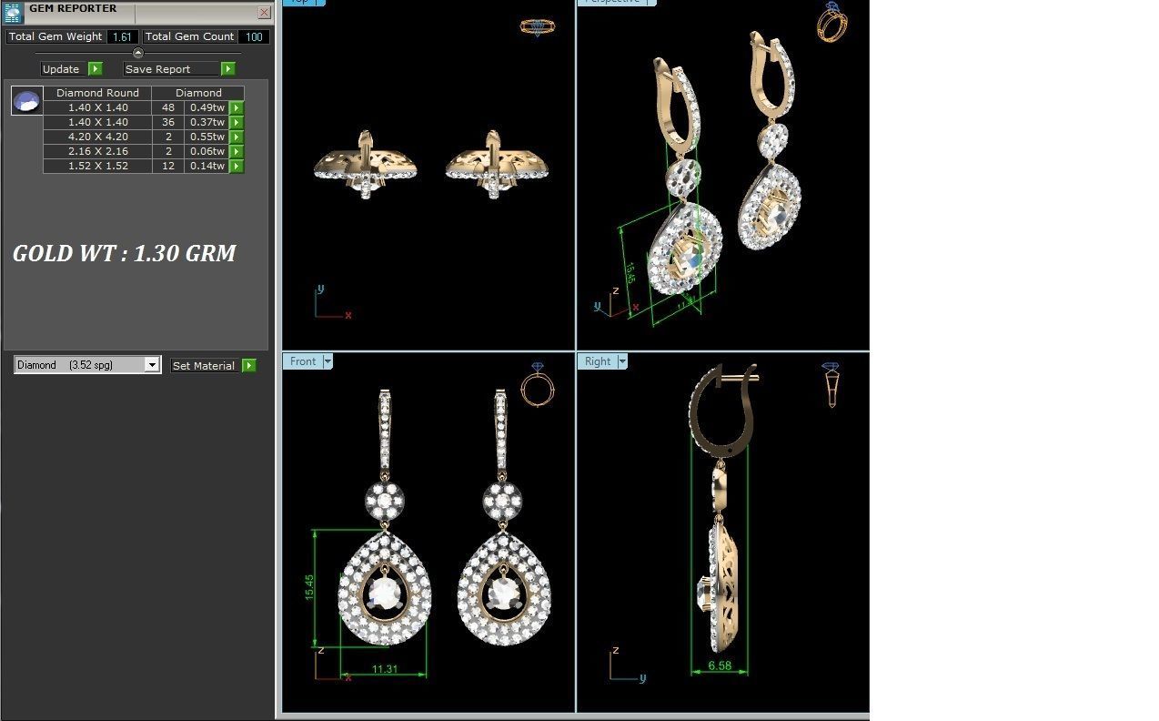 Earrings-3302 pair of diamond drop earrings gold 3D print model_1