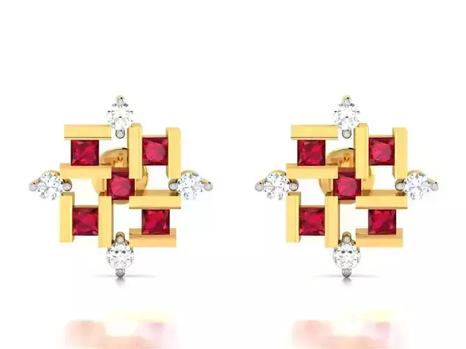 Earrings-8993 gold stud earring with ruby stones
