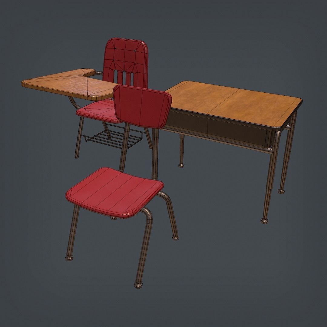 School Desk and Chairs Set Low-poly 3D model_4