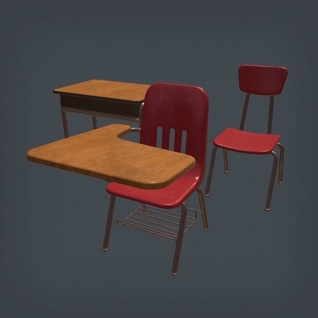 School Desk and Chairs Set Low-poly 3D model_2