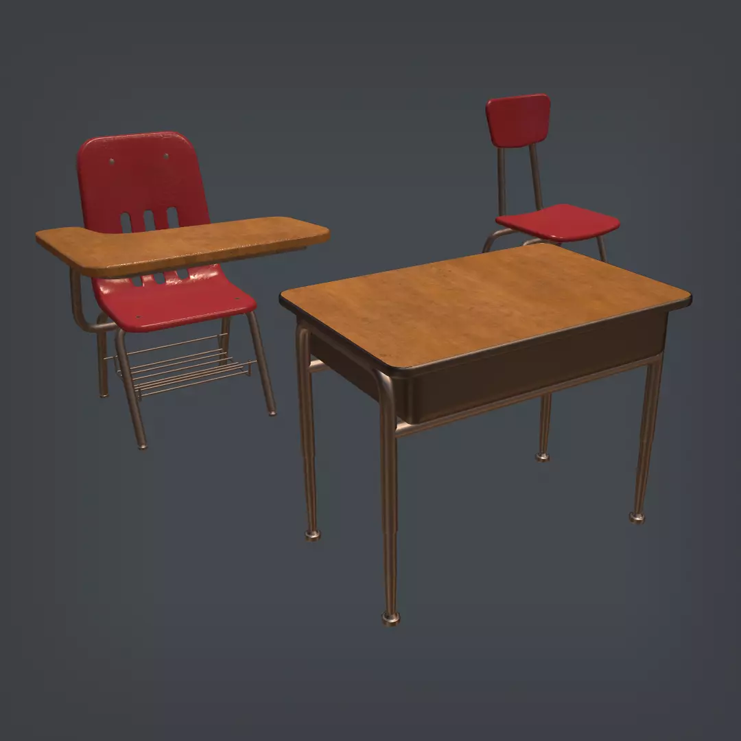School Desk and Chairs Set Low-poly 3D model_0
