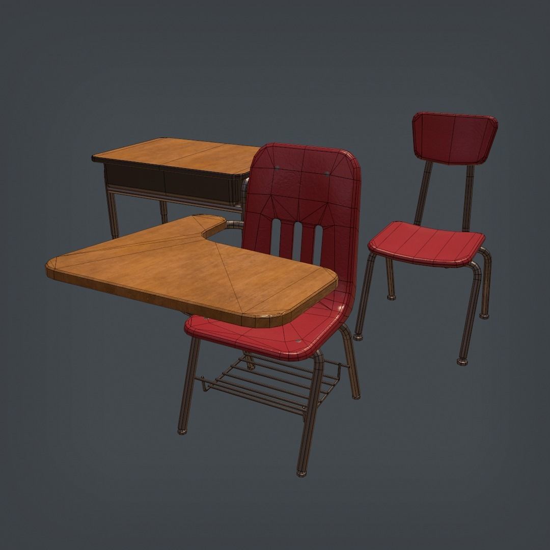 School Desk and Chairs Set Low-poly 3D model_5