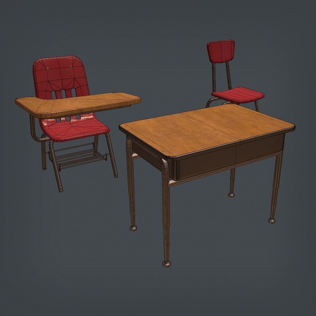 School Desk and Chairs Set Low-poly 3D model_3