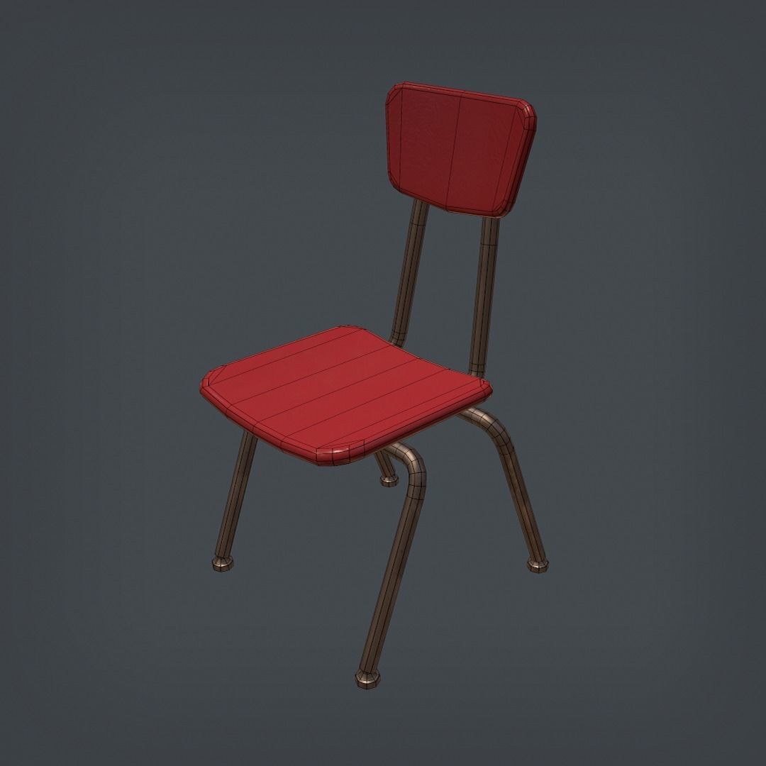 School Desk and Chairs Set Low-poly 3D model_9