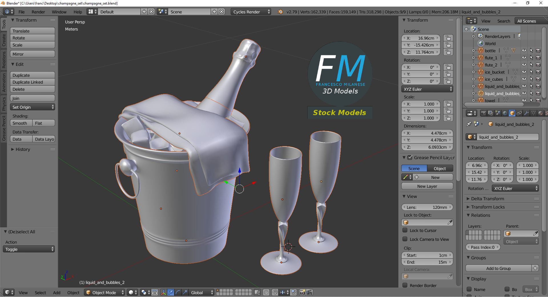 Champagne set two glasses and bottle of in ice bucket 3D model_9
