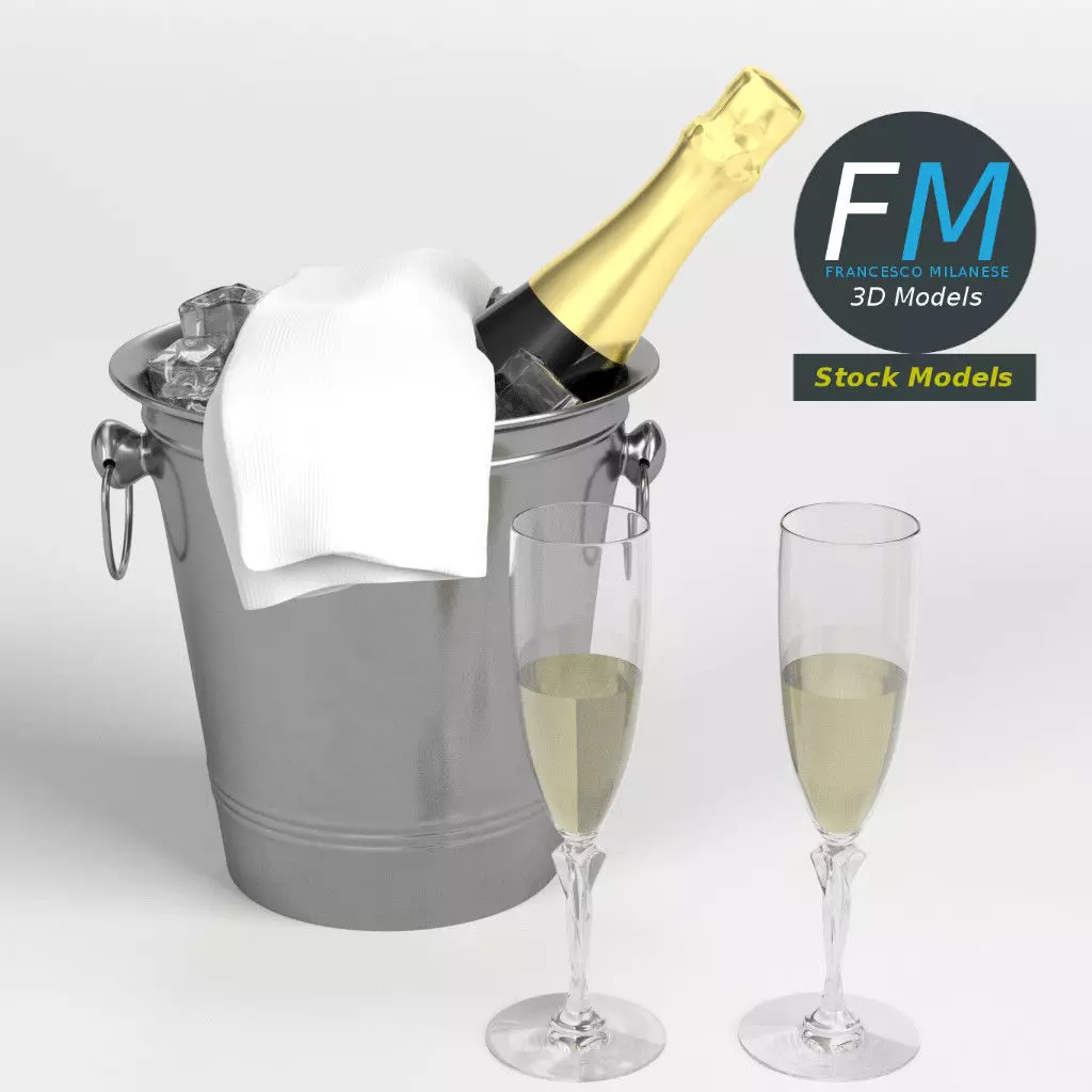 Champagne set two glasses and bottle of in ice bucket 3D model_0