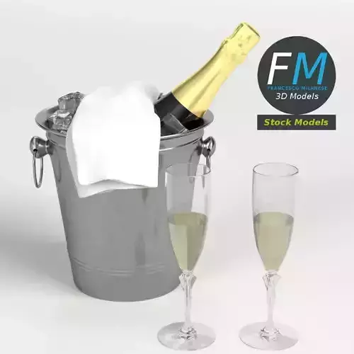 Champagne set two glasses and bottle of in ice bucket 3D model