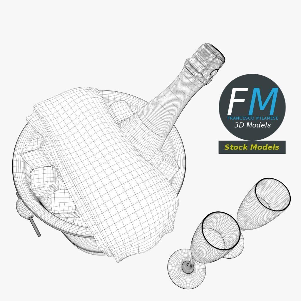 Champagne set two glasses and bottle of in ice bucket 3D model_8