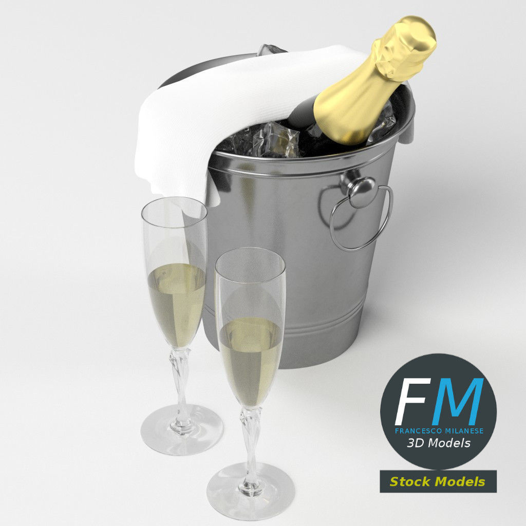 Champagne set two glasses and bottle of in ice bucket 3D model_5