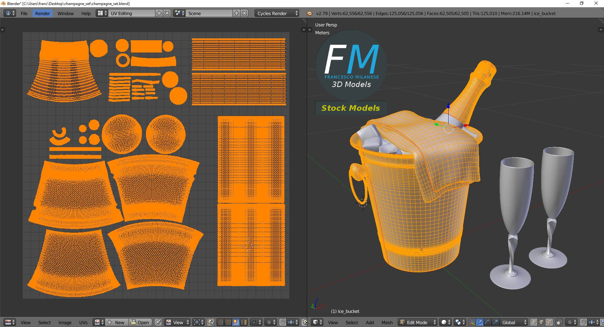 Champagne set two glasses and bottle of in ice bucket 3D model_10
