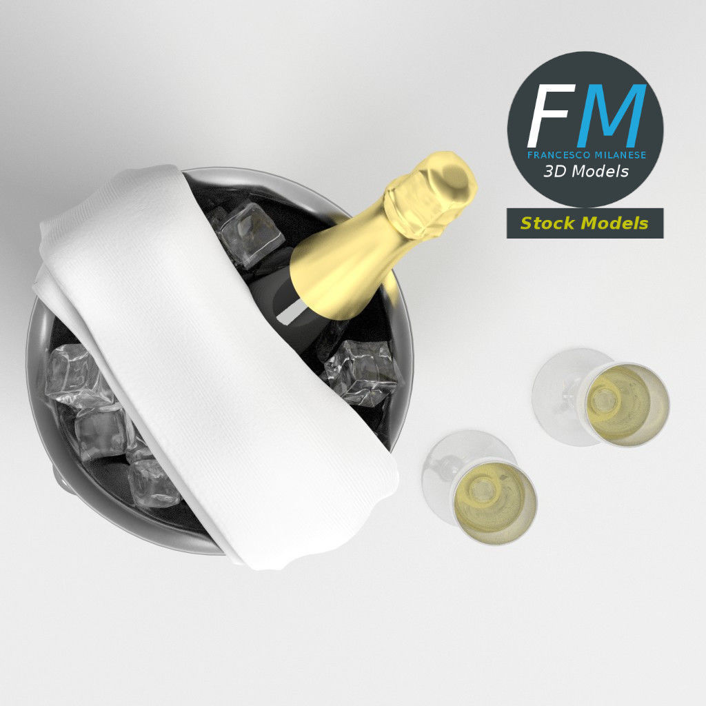 Champagne set two glasses and bottle of in ice bucket 3D model_6