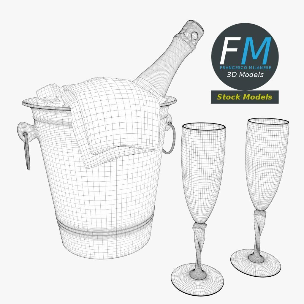 Champagne set two glasses and bottle of in ice bucket 3D model_7