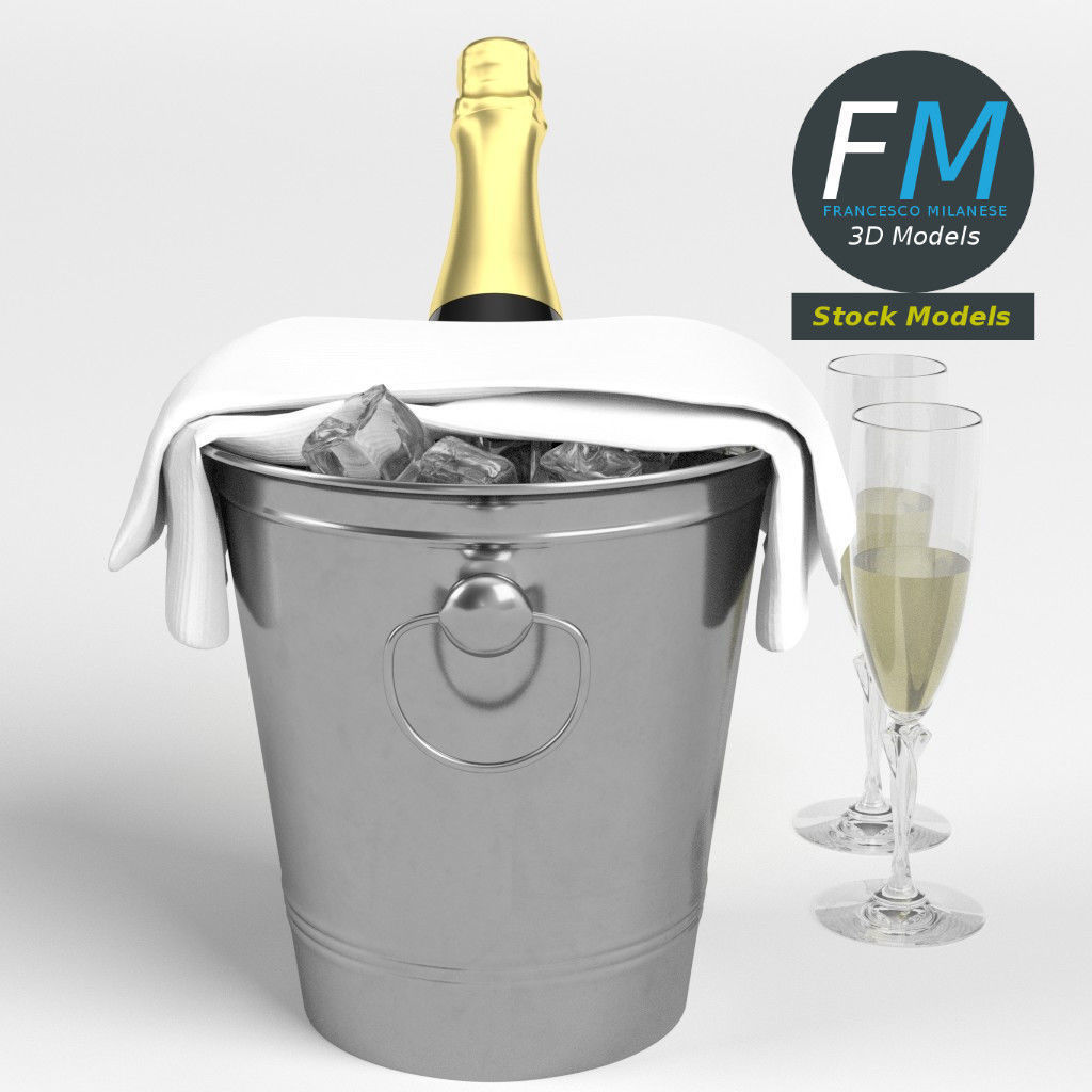 Champagne set two glasses and bottle of in ice bucket 3D model_4