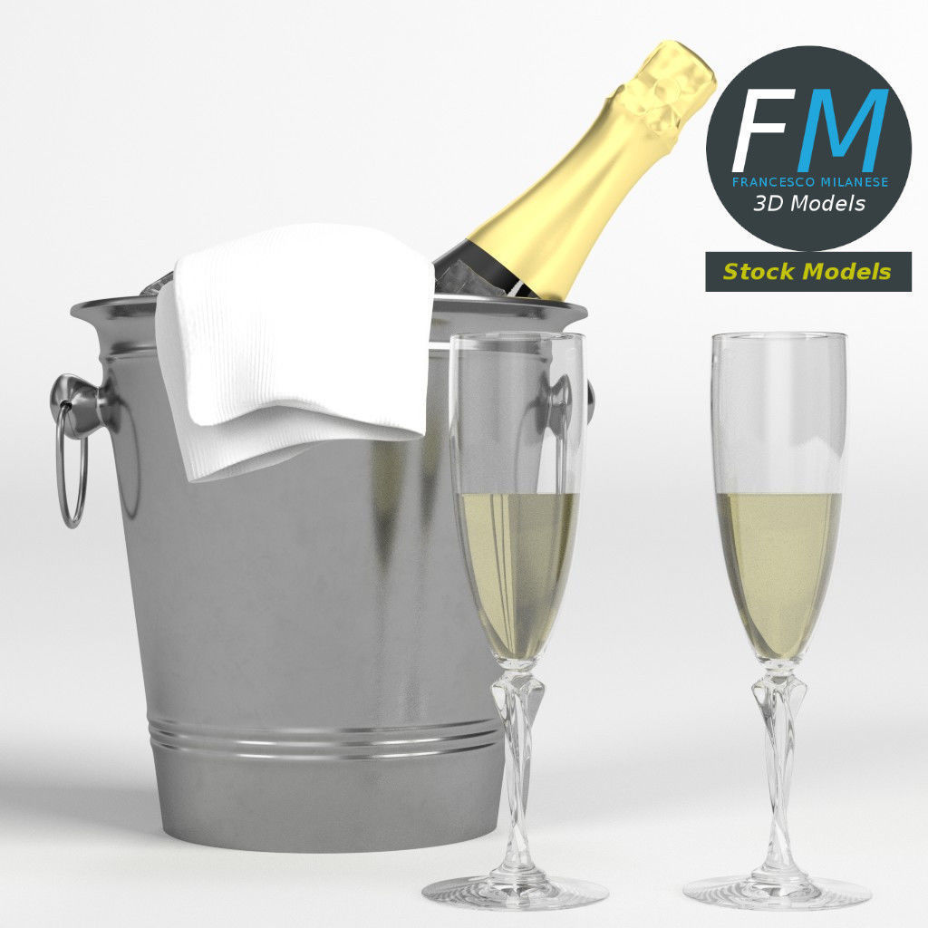 Champagne set two glasses and bottle of in ice bucket 3D model_3